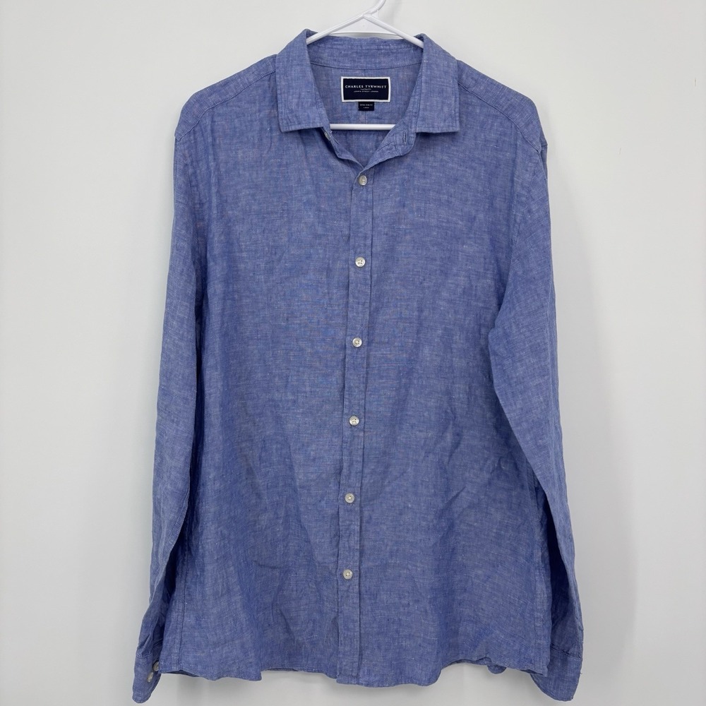 Charles Tyrwhitt Men's Large Blue 100% Linen Shirt Extra Slim Fit Long Sleeve